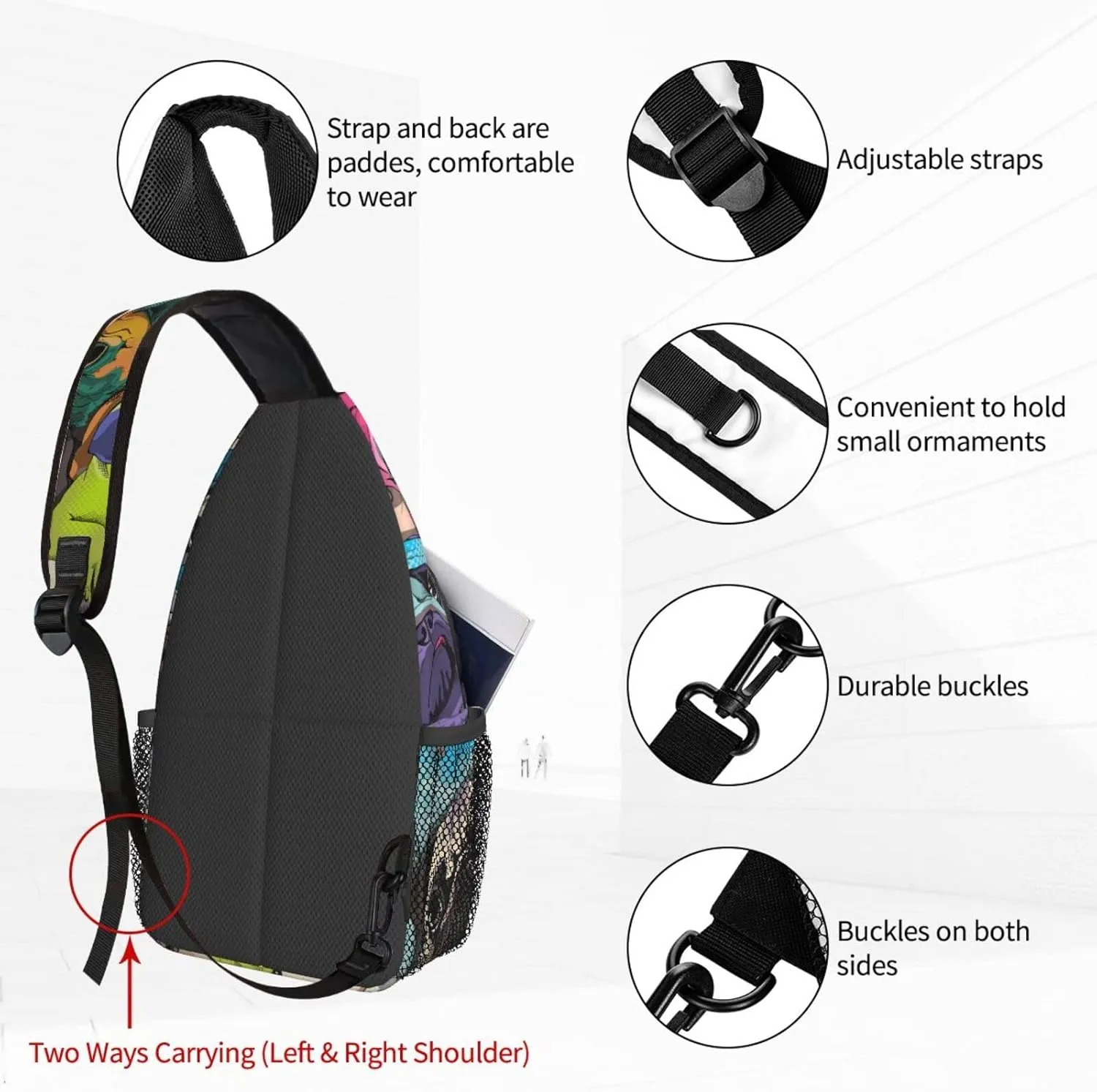 Women Funny Colorful Pug Dogs Crossbody Sling Backpack for Men Chest Bag Shoulder Bag Lightweight One Strap Backpack Travel Outdoor Daypack