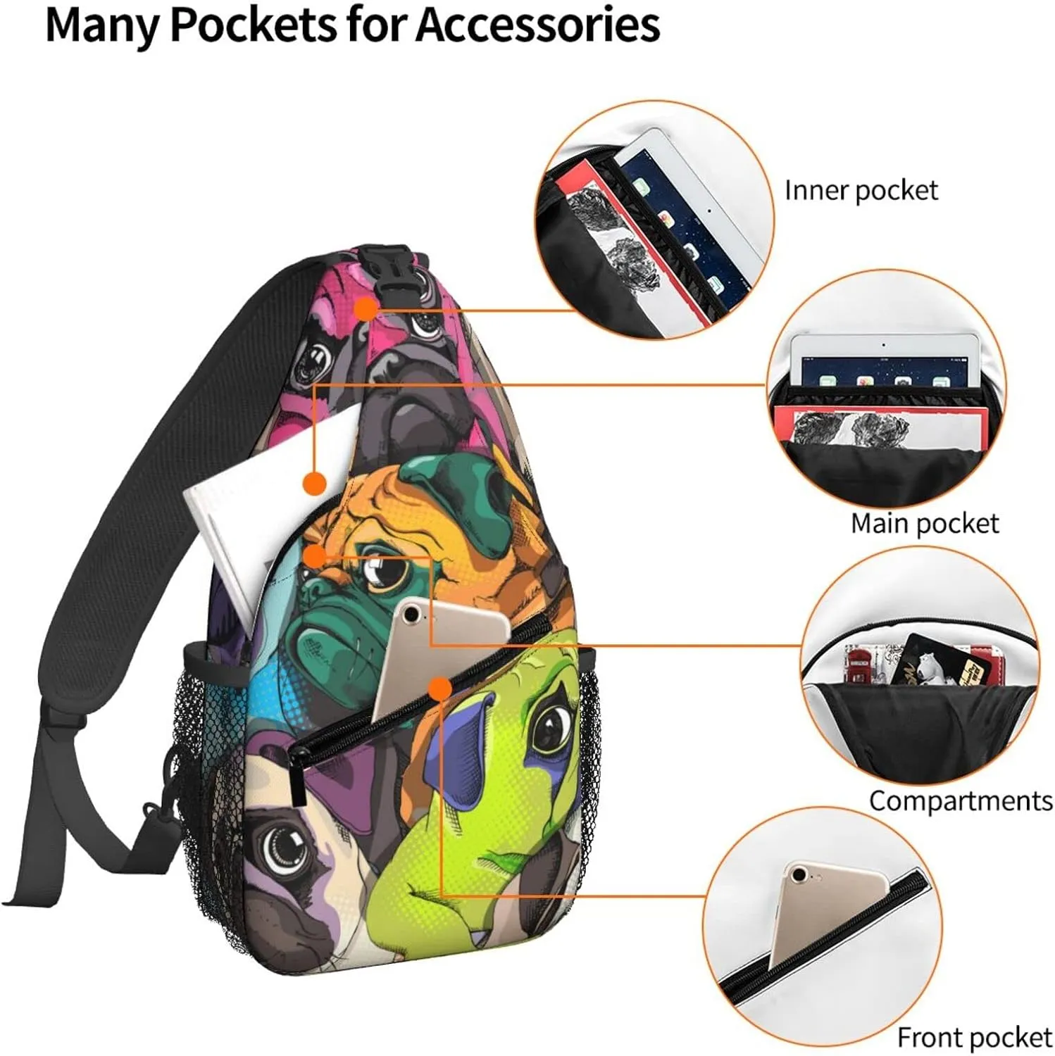 Women Funny Colorful Pug Dogs Crossbody Sling Backpack for Men Chest Bag Shoulder Bag Lightweight One Strap Backpack Travel Outdoor Daypack