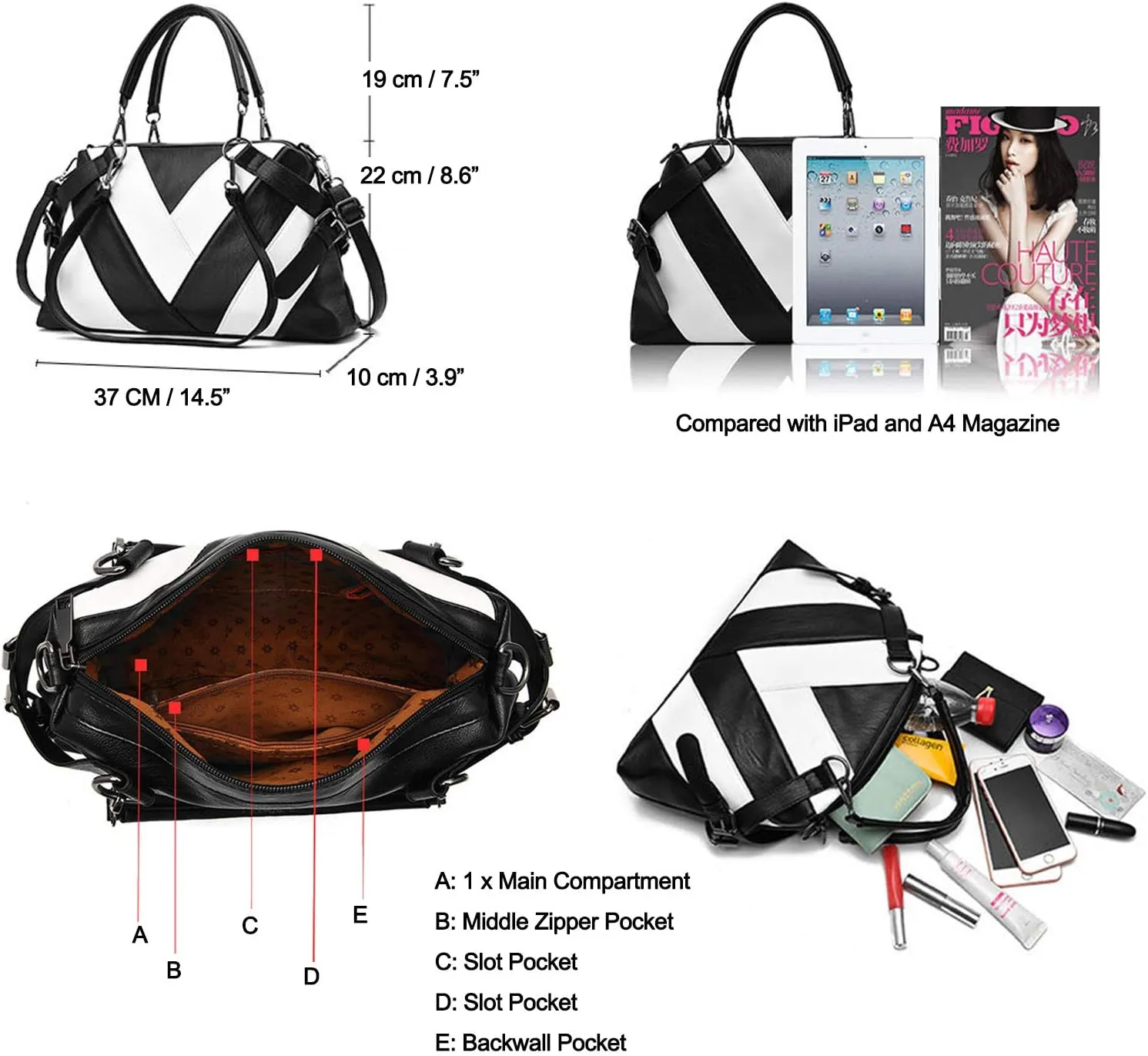 Women Handbag Hobo Shoulder Crossbody Bag,Stitching PU Top Handle Bags Totes Satchel Purse