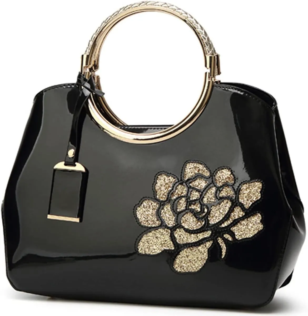Women Handbag Patent Leather Flower Pattern Satchel Charm Glossy Purse Metal Grip Structured Shoulder Bag