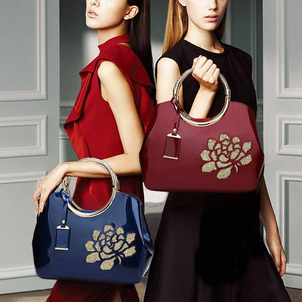 Women Handbag Patent Leather Flower Pattern Satchel Charm Glossy Purse Metal Grip Structured Shoulder Bag