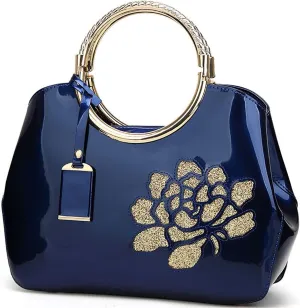 Women Handbag Patent Leather Flower Pattern Satchel Charm Glossy Purse Metal Grip Structured Shoulder Bag