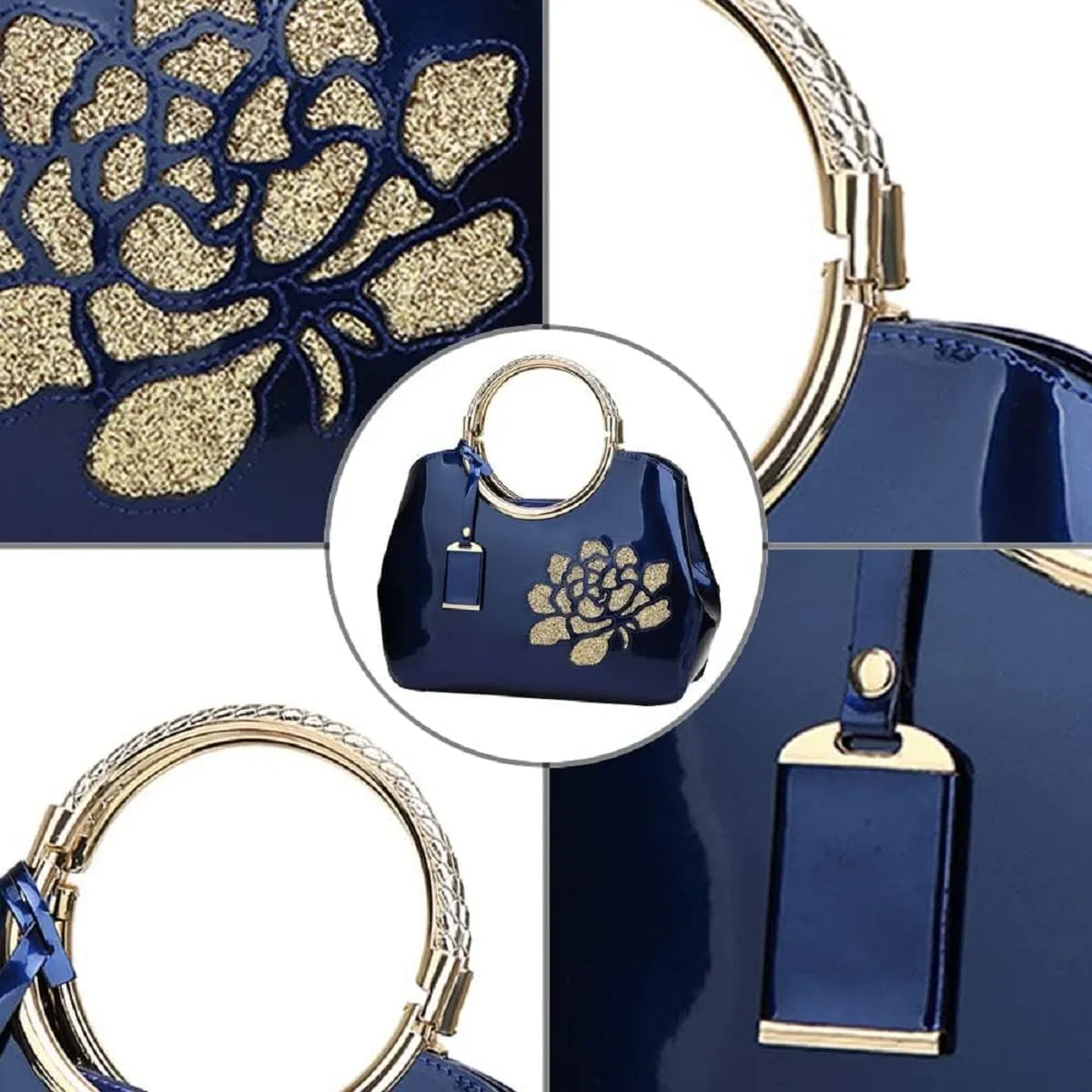 Women Handbag Patent Leather Flower Pattern Satchel Charm Glossy Purse Metal Grip Structured Shoulder Bag