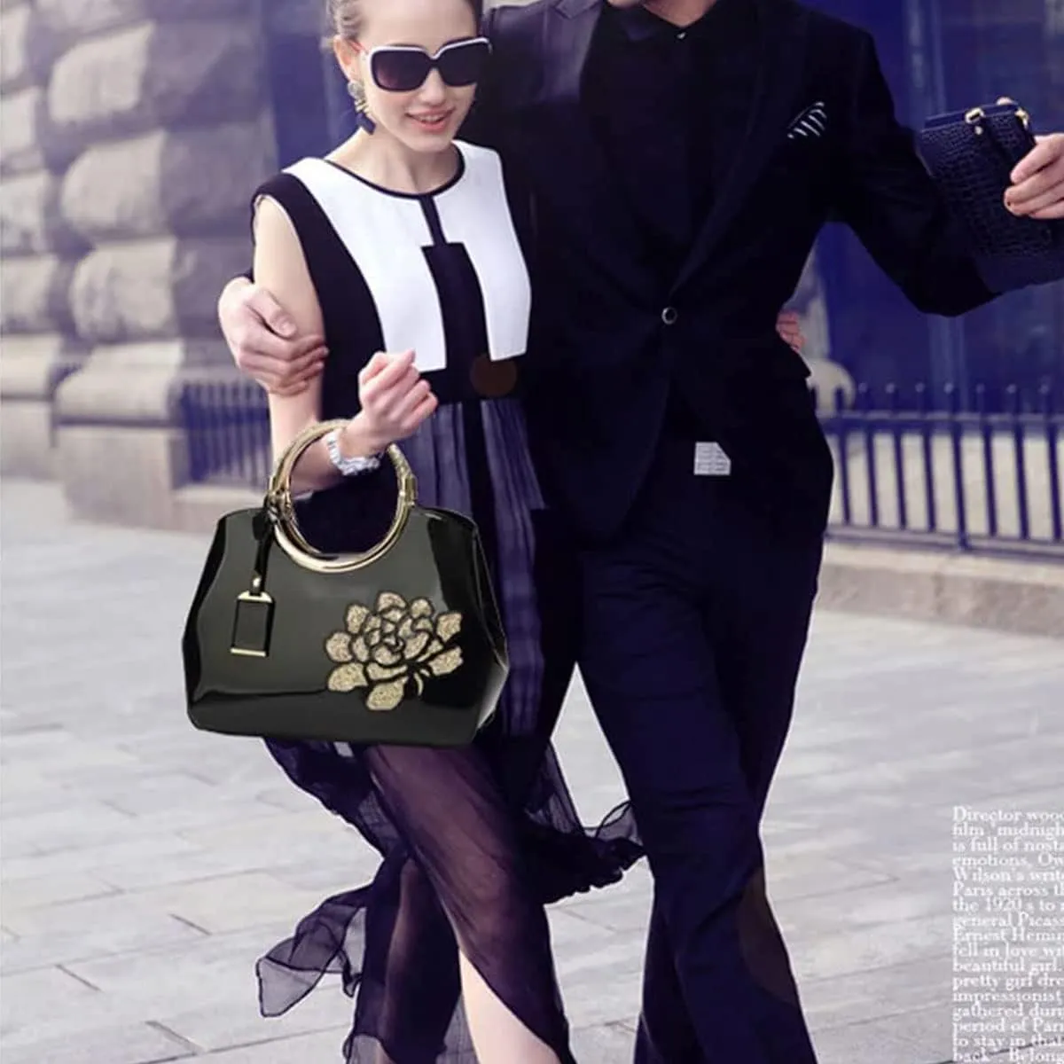 Women Handbag Patent Leather Flower Pattern Satchel Charm Glossy Purse Metal Grip Structured Shoulder Bag