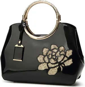Women Handbag Patent Leather Flower Pattern Satchel Charm Glossy Purse Metal Grip Structured Shoulder Bag