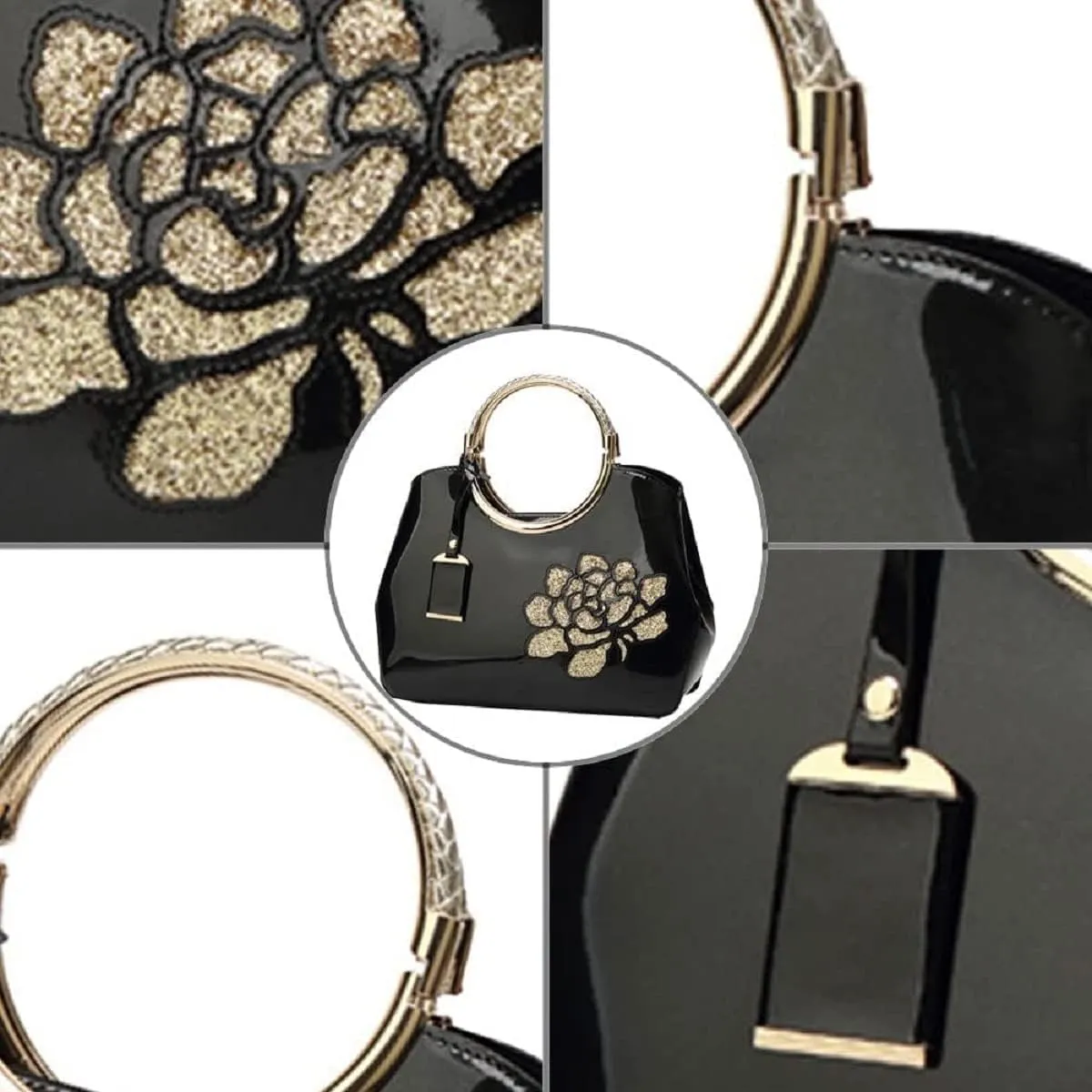 Women Handbag Patent Leather Flower Pattern Satchel Charm Glossy Purse Metal Grip Structured Shoulder Bag
