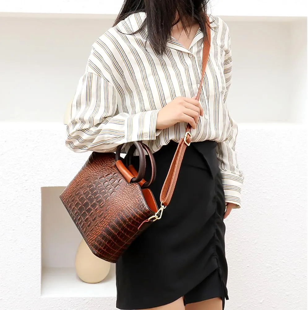 Women Handbags Purse PU Leather Crocodile Pattern Satchel Bags Top Circular Handle Handbag Ladies Shoulder Bag