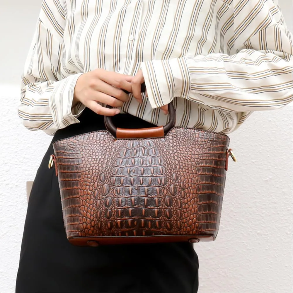 Women Handbags Purse PU Leather Crocodile Pattern Satchel Bags Top Circular Handle Handbag Ladies Shoulder Bag