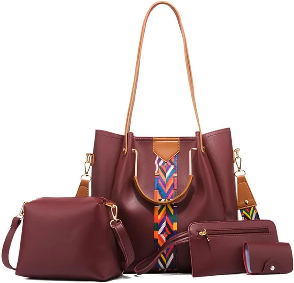 Women Handbags Sets Vegan Leather Purses Color Woven Tape Tote Bags Shoulder Crossbody Bag Top Handle Bag Wallet 4Pcs