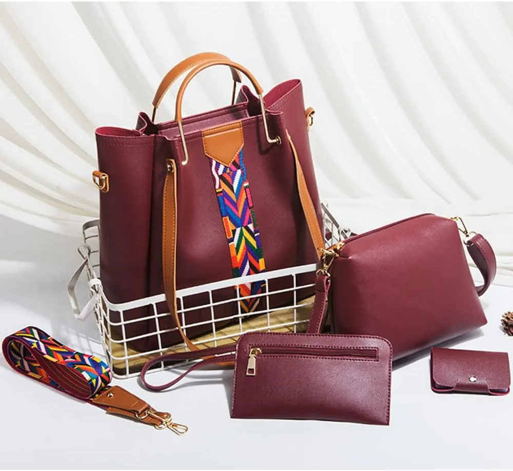 Women Handbags Sets Vegan Leather Purses Color Woven Tape Tote Bags Shoulder Crossbody Bag Top Handle Bag Wallet 4Pcs
