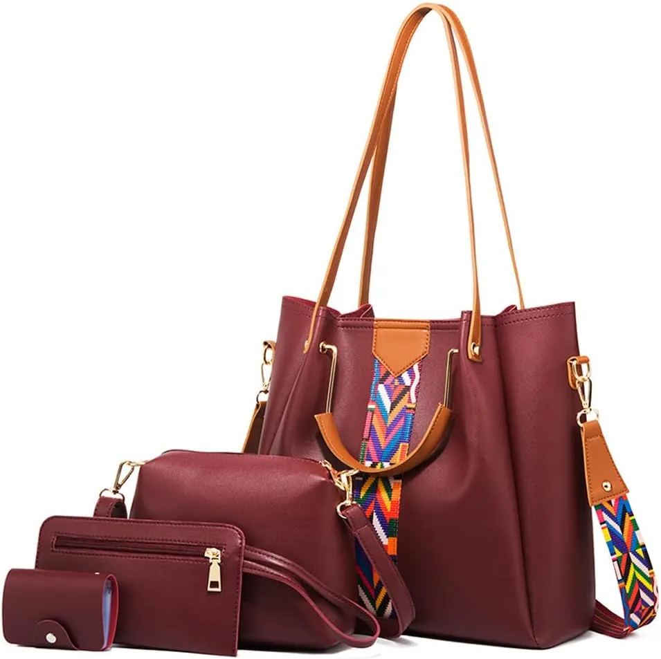 Women Handbags Sets Vegan Leather Purses Color Woven Tape Tote Bags Shoulder Crossbody Bag Top Handle Bag Wallet 4Pcs