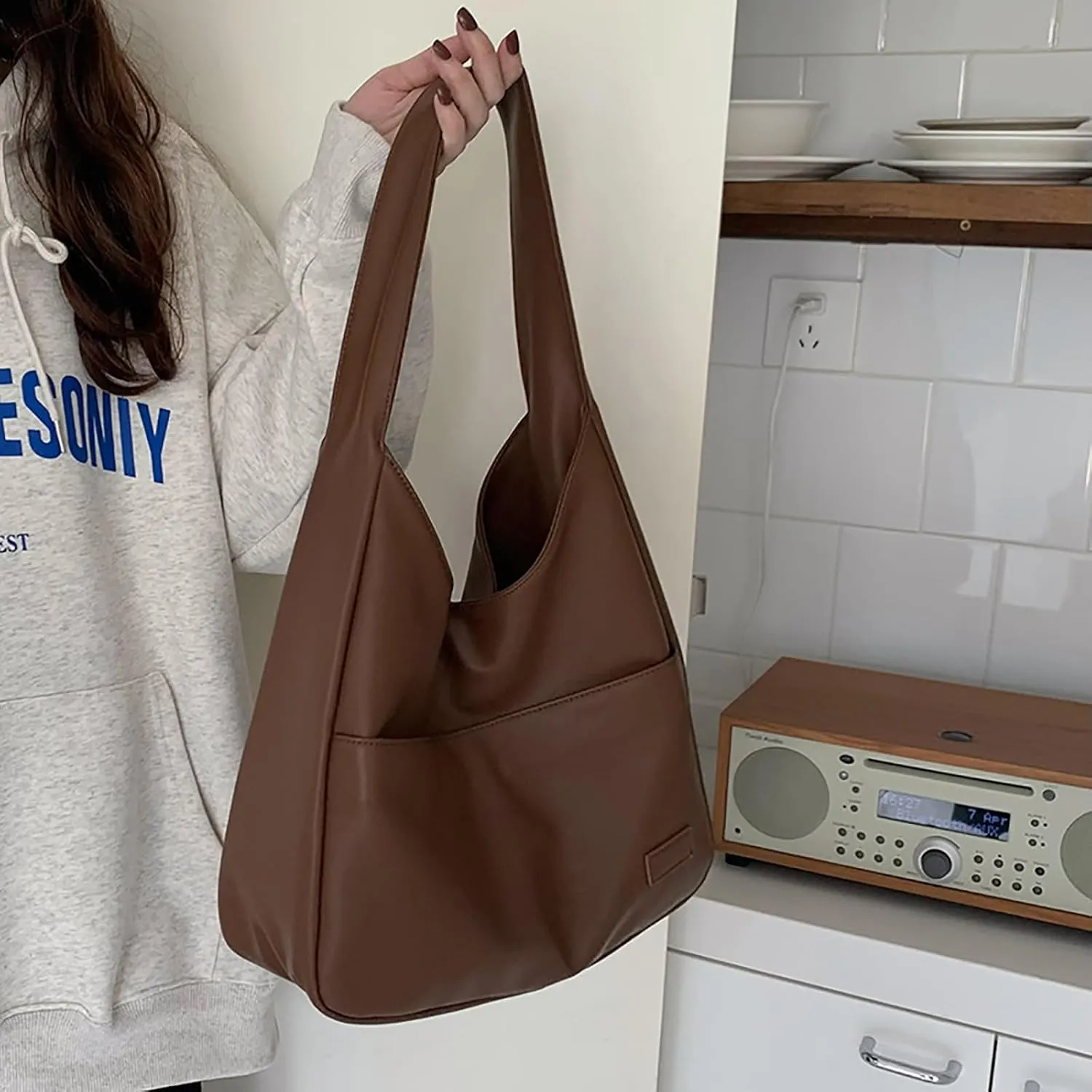 Women Hobo Bag Faux Leather Tote Bag Stylish Large Capacity Shoulder Bag Hobo Handbag for Work Travel (Black)