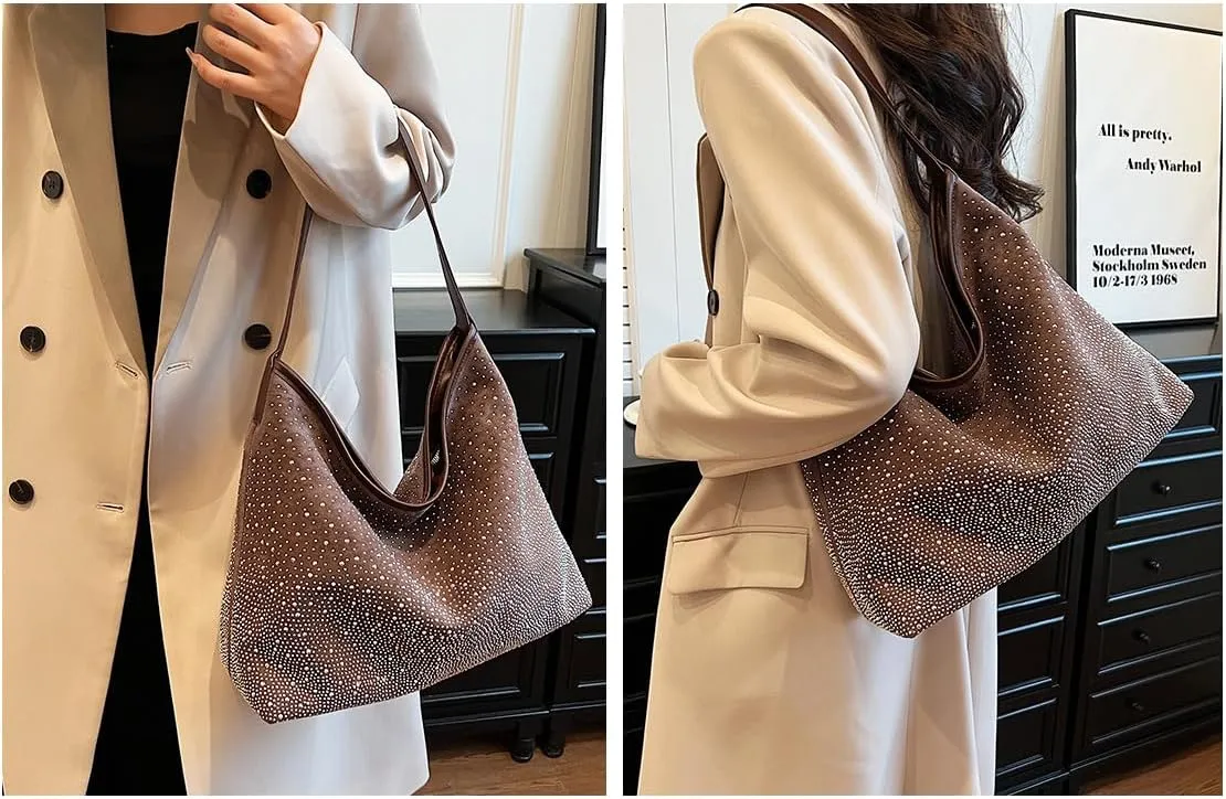 Women Hobo Shoulder Bags Rhinestone Large Purse and Handbags Sparkly Tote Bag