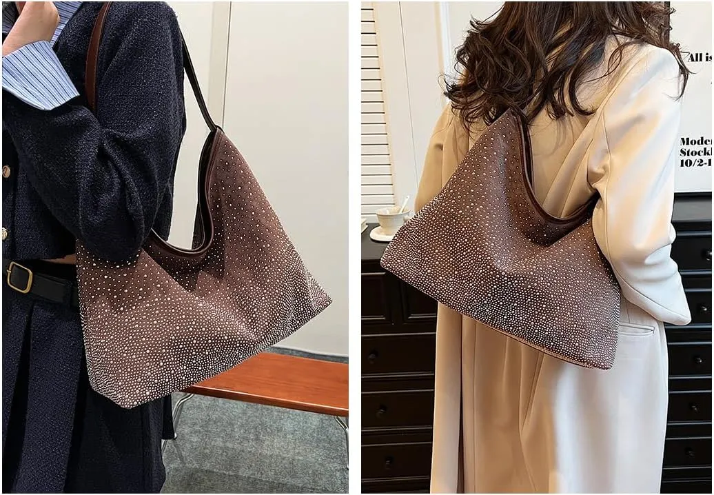 Women Hobo Shoulder Bags Rhinestone Large Purse and Handbags Sparkly Tote Bag