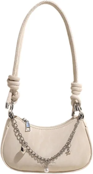 Women Leather Shoulder Bag with Chain Decor Portable Satchel Fashion Underarm White