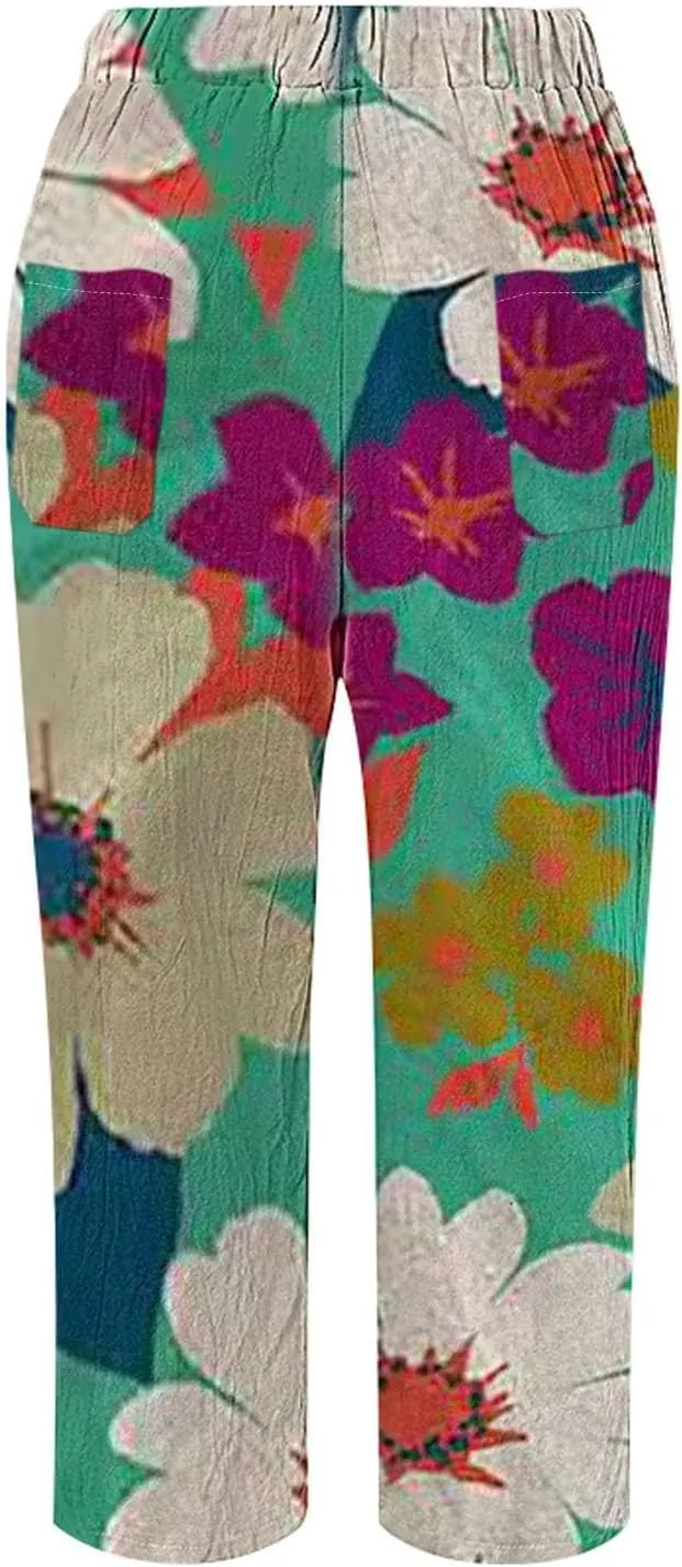 Women Linen Pants Waist Pants Drawstring Capri Pants with Pockets Wide Leg Cropped Elastic High Waist Comfy Loose