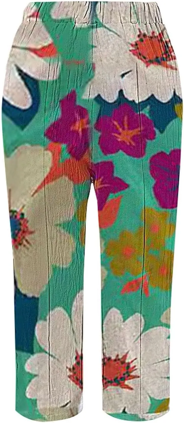 Women Linen Pants Waist Pants Drawstring Capri Pants with Pockets Wide Leg Cropped Elastic High Waist Comfy Loose