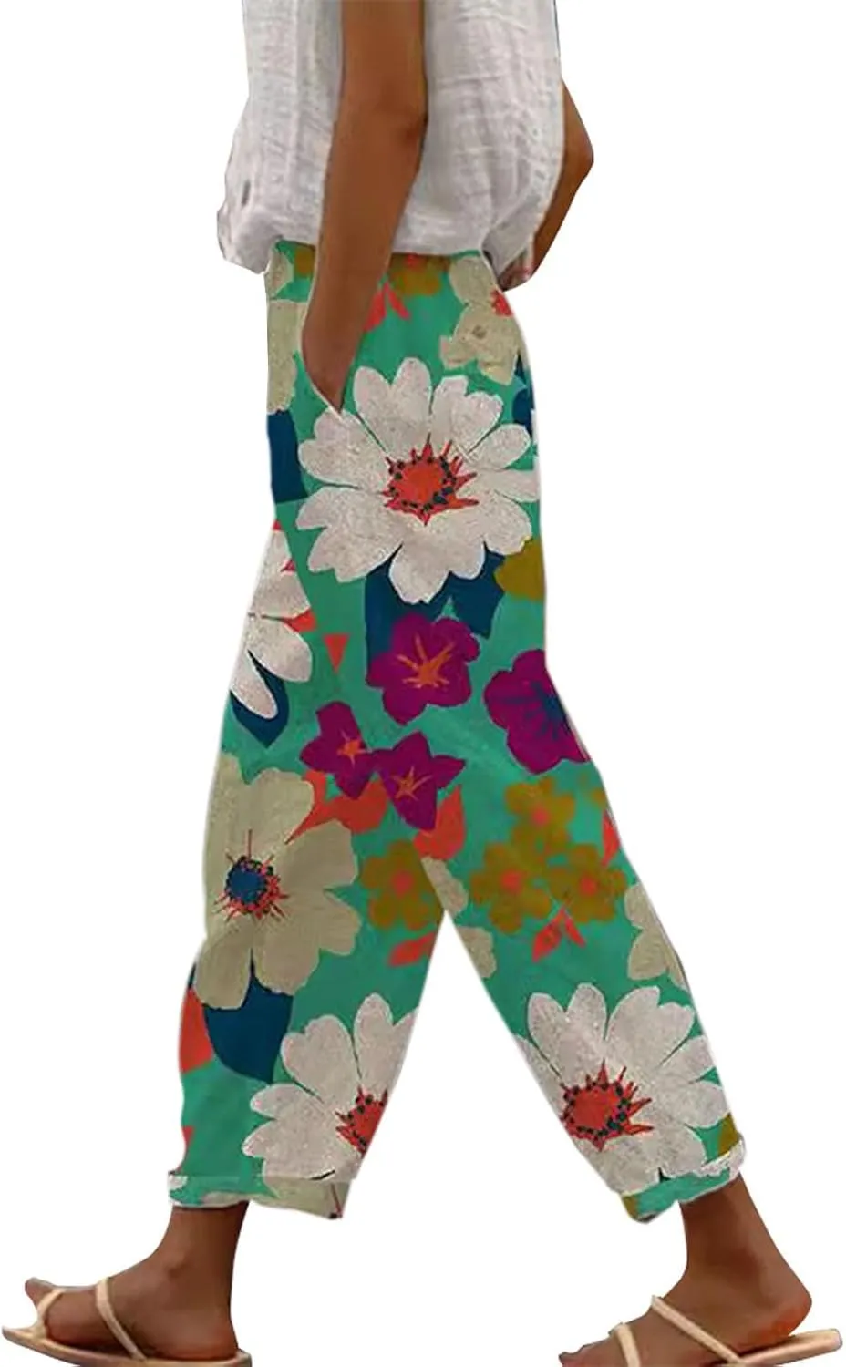 Women Linen Pants Waist Pants Drawstring Capri Pants with Pockets Wide Leg Cropped Elastic High Waist Comfy Loose