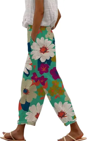 Women Linen Pants Waist Pants Drawstring Capri Pants with Pockets Wide Leg Cropped Elastic High Waist Comfy Loose