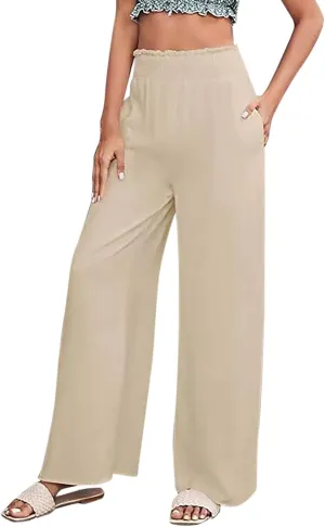 Women Linen Summer Pants Flowy Casual Wide Leg Beach Trousers Loose Elastic Waist Lounge Palazzo Pants with Pockets