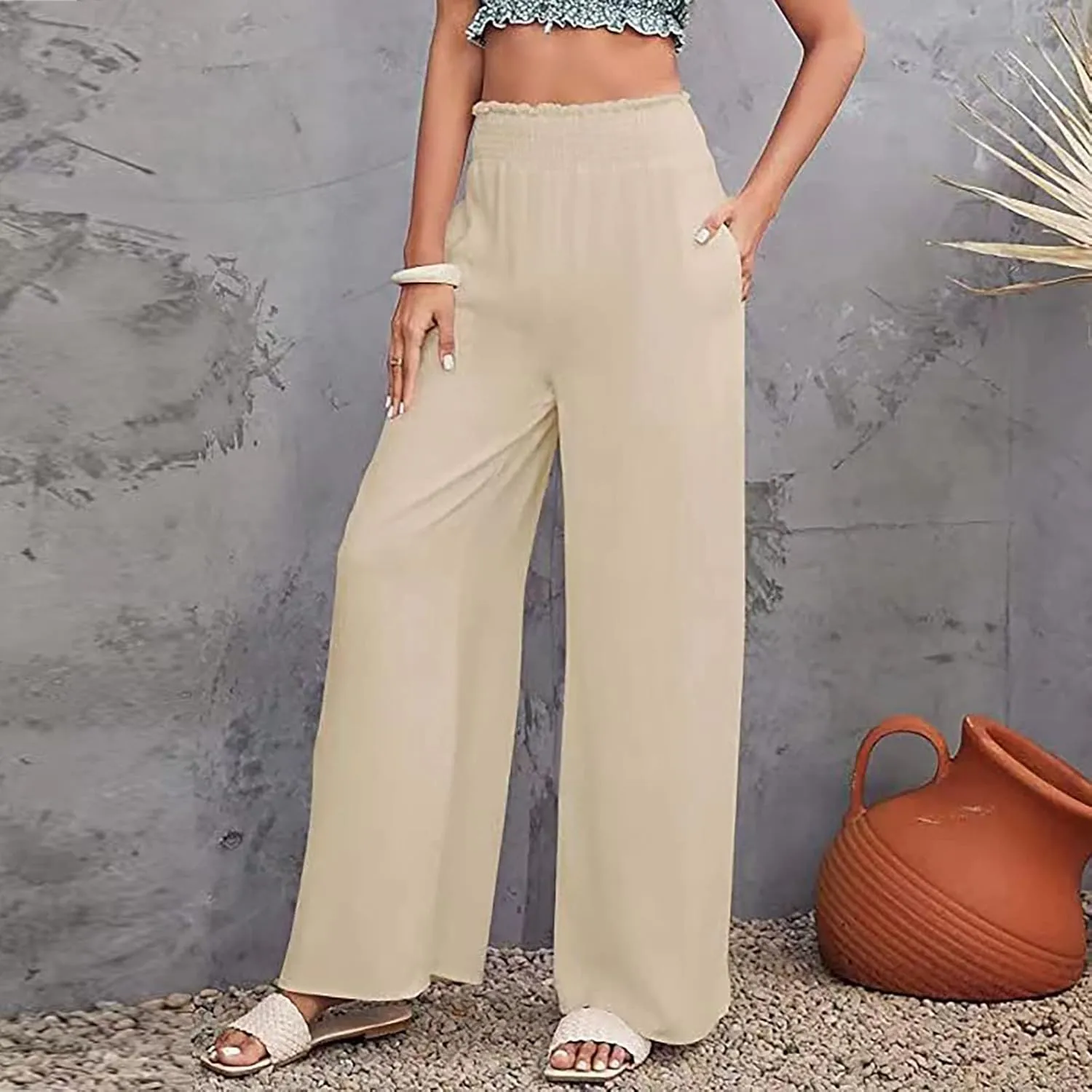 Women Linen Summer Pants Flowy Casual Wide Leg Beach Trousers Loose Elastic Waist Lounge Palazzo Pants with Pockets
