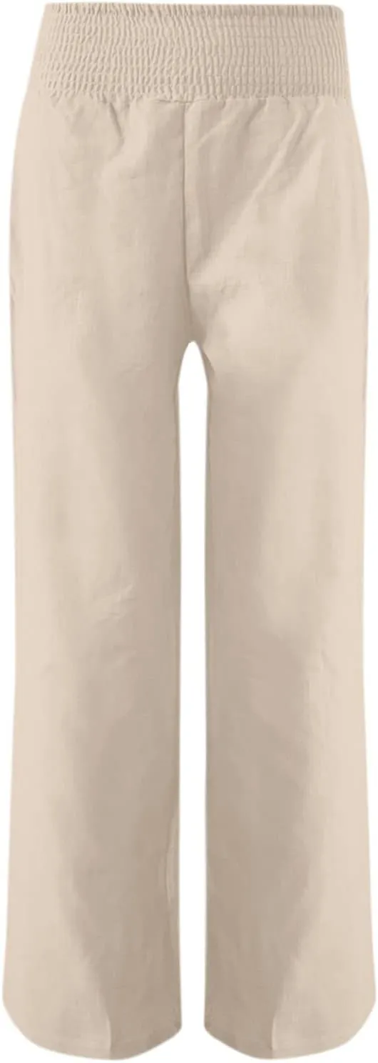 Women Linen Summer Pants Flowy Casual Wide Leg Beach Trousers Loose Elastic Waist Lounge Palazzo Pants with Pockets