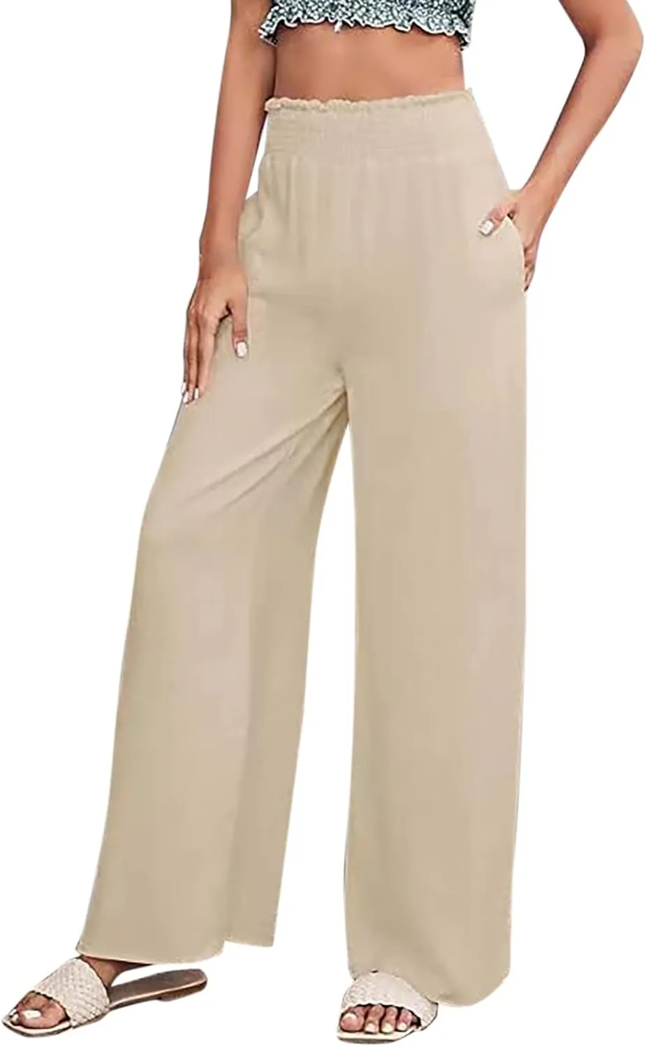 Women Linen Summer Pants Flowy Casual Wide Leg Beach Trousers Loose Elastic Waist Lounge Palazzo Pants with Pockets
