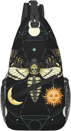 Women Men Sling Bag Anti Theft for Death Head Hawk Moth Moon And Sun Chest Pack Outdoor Shoulder Backpack Crossbody Bags Causal Daypacks For Hiking Cycling and Travel