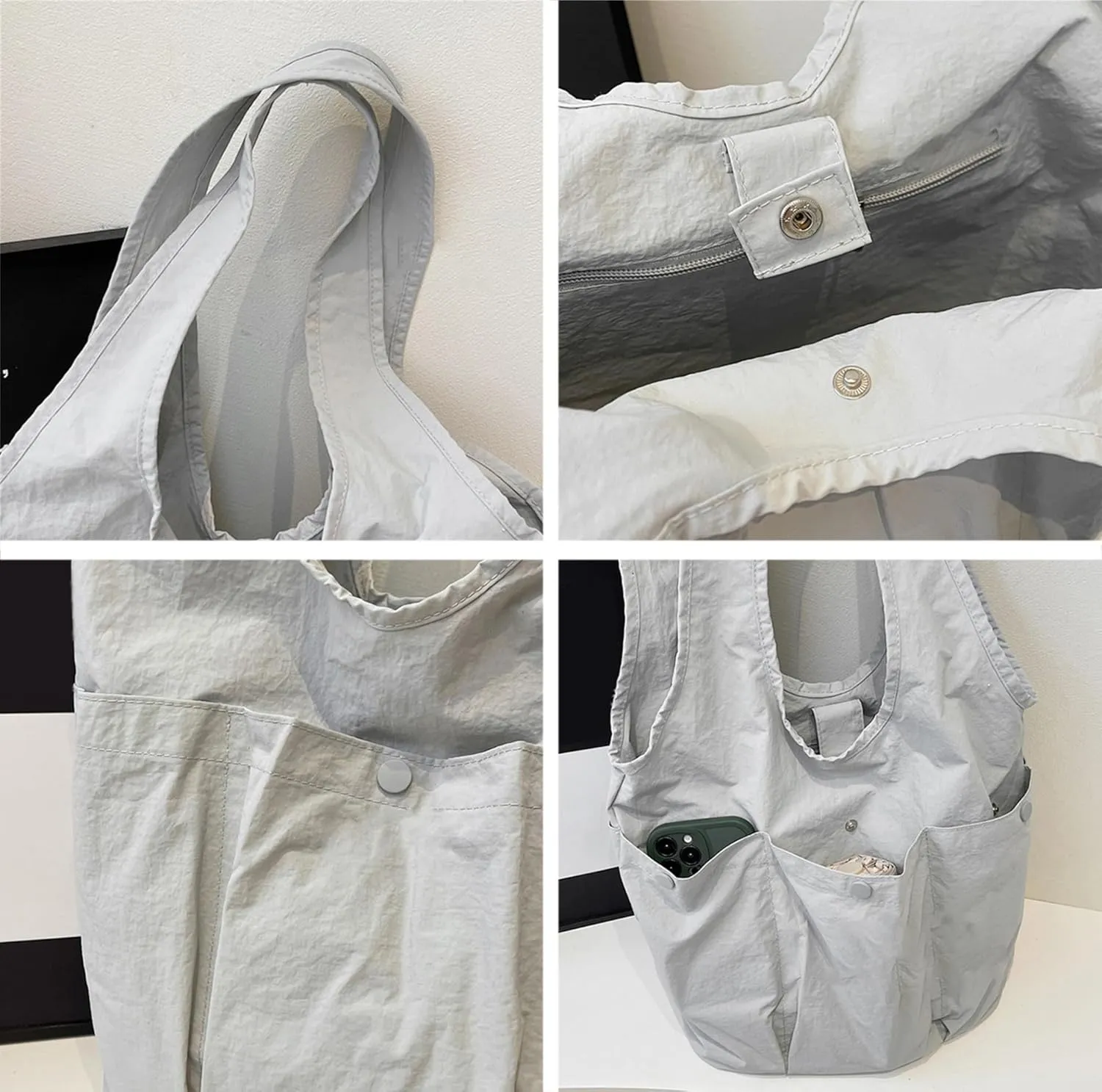 Women Nylon Tote Bag Large Bucket Bag Slouchy Shoulder Handbags Solid Color Hobo Purse for Travel Work Gym Vacation Overnight