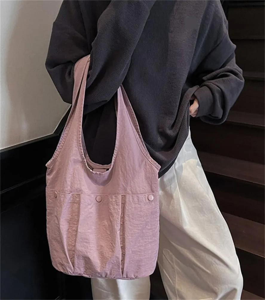 Women Nylon Tote Bag Large Bucket Bag Slouchy Shoulder Handbags Solid Color Hobo Purse for Travel Work Gym Vacation Overnight