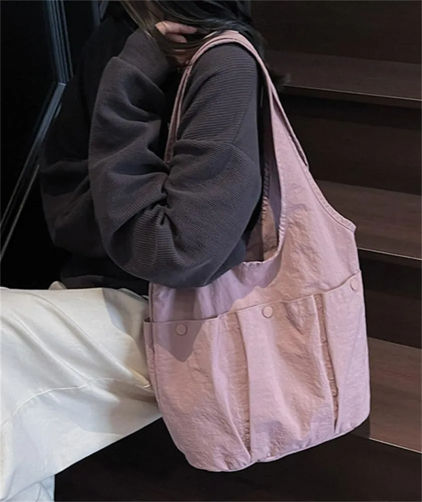 Women Nylon Tote Bag Large Bucket Bag Slouchy Shoulder Handbags Solid Color Hobo Purse for Travel Work Gym Vacation Overnight