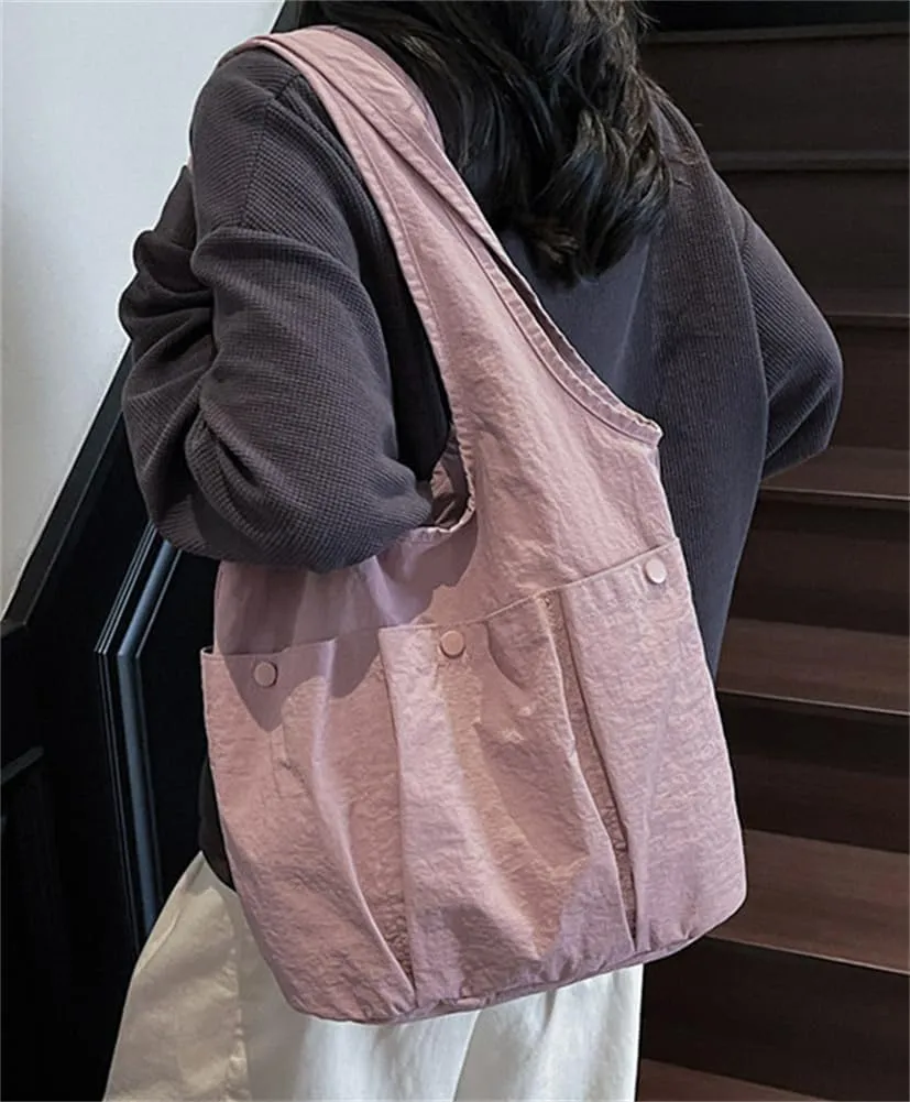 Women Nylon Tote Bag Large Bucket Bag Slouchy Shoulder Handbags Solid Color Hobo Purse for Travel Work Gym Vacation Overnight