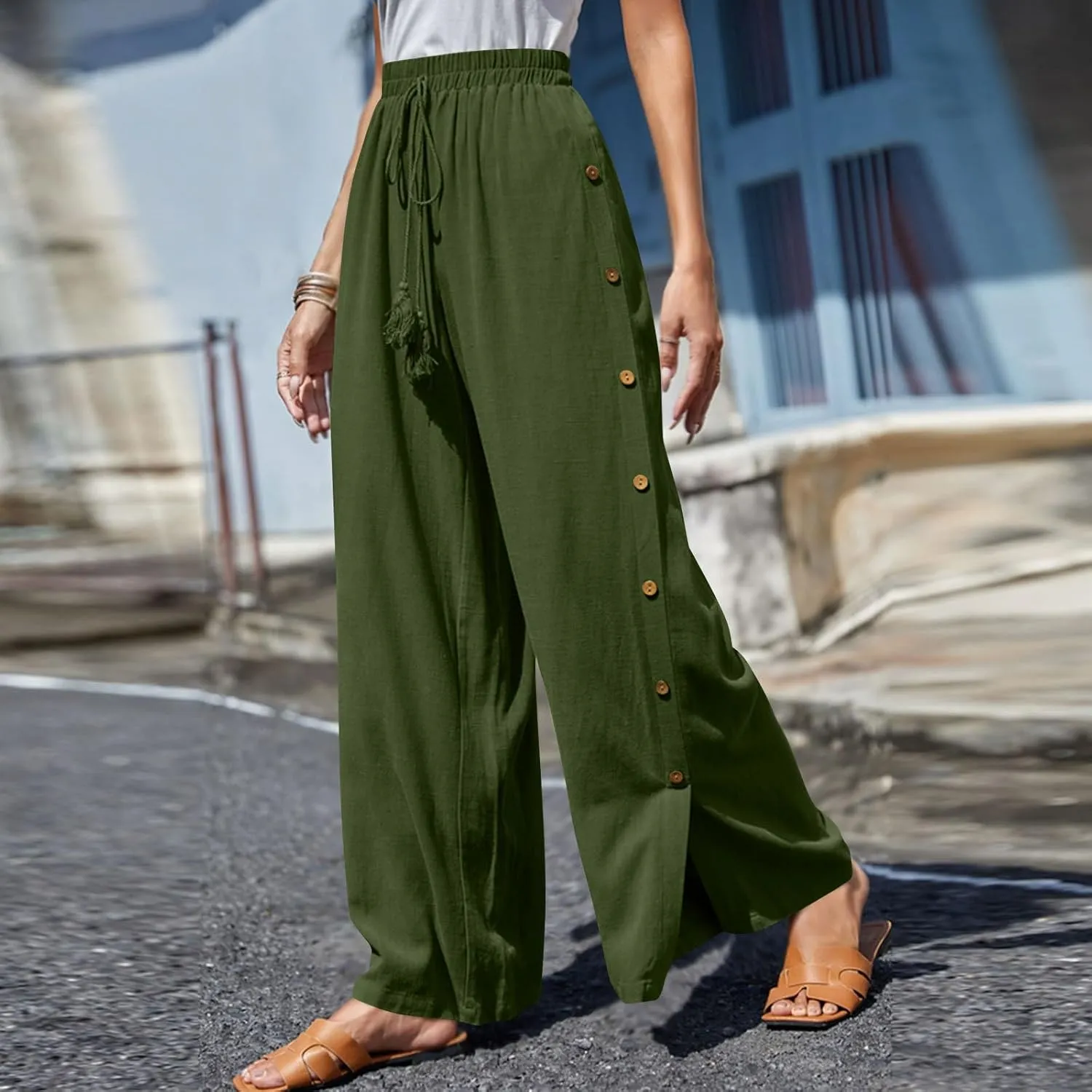 Women Pants Casual Drawstring Elastic Waist Pants High Split Snap Button Post-Surgery Sweatpants Wide Leg Beach Trousers