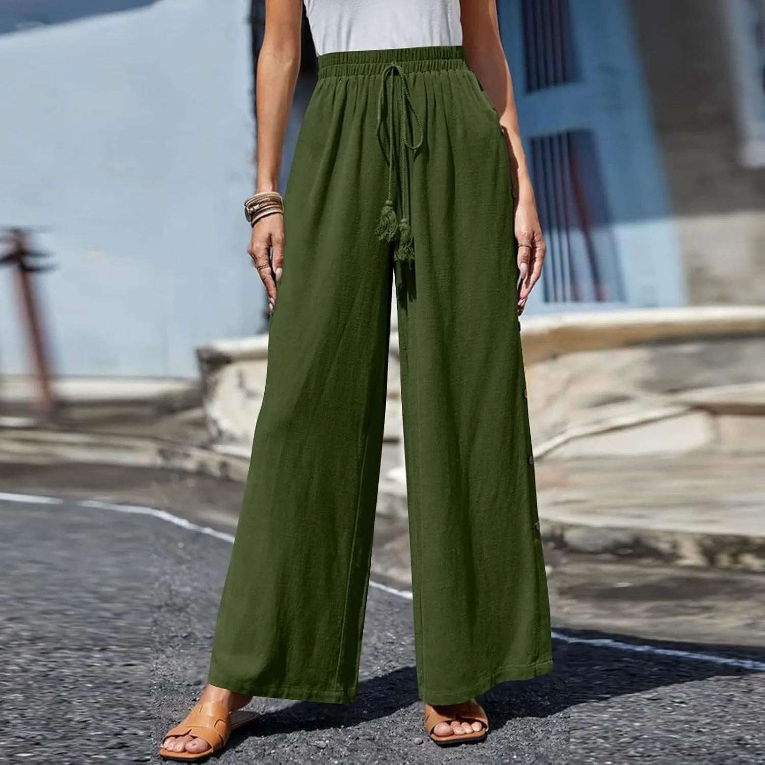 Women Pants Casual Drawstring Elastic Waist Pants High Split Snap Button Post-Surgery Sweatpants Wide Leg Beach Trousers