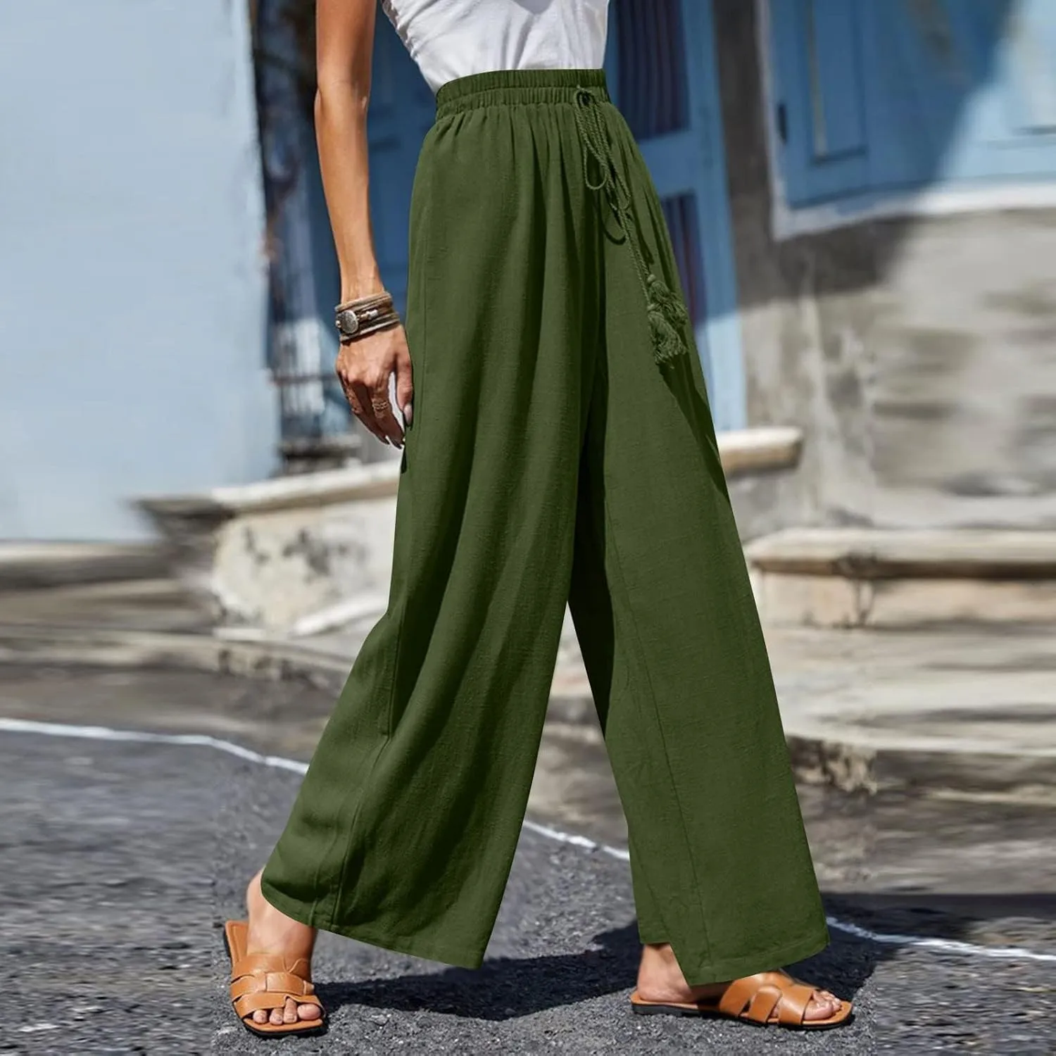 Women Pants Casual Drawstring Elastic Waist Pants High Split Snap Button Post-Surgery Sweatpants Wide Leg Beach Trousers