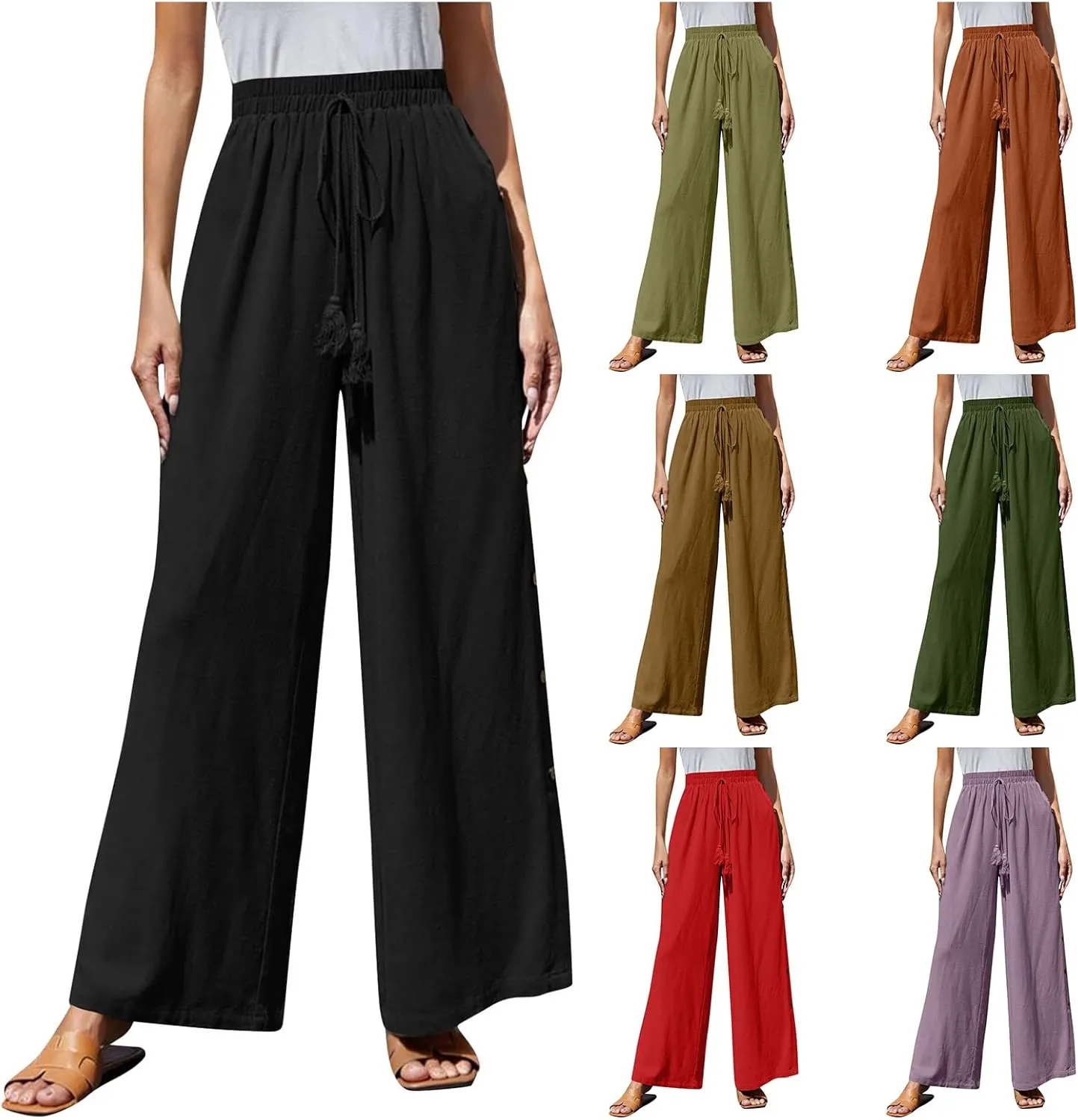 Women Pants Casual Drawstring Elastic Waist Pants High Split Snap Button Post-Surgery Sweatpants Wide Leg Beach Trousers