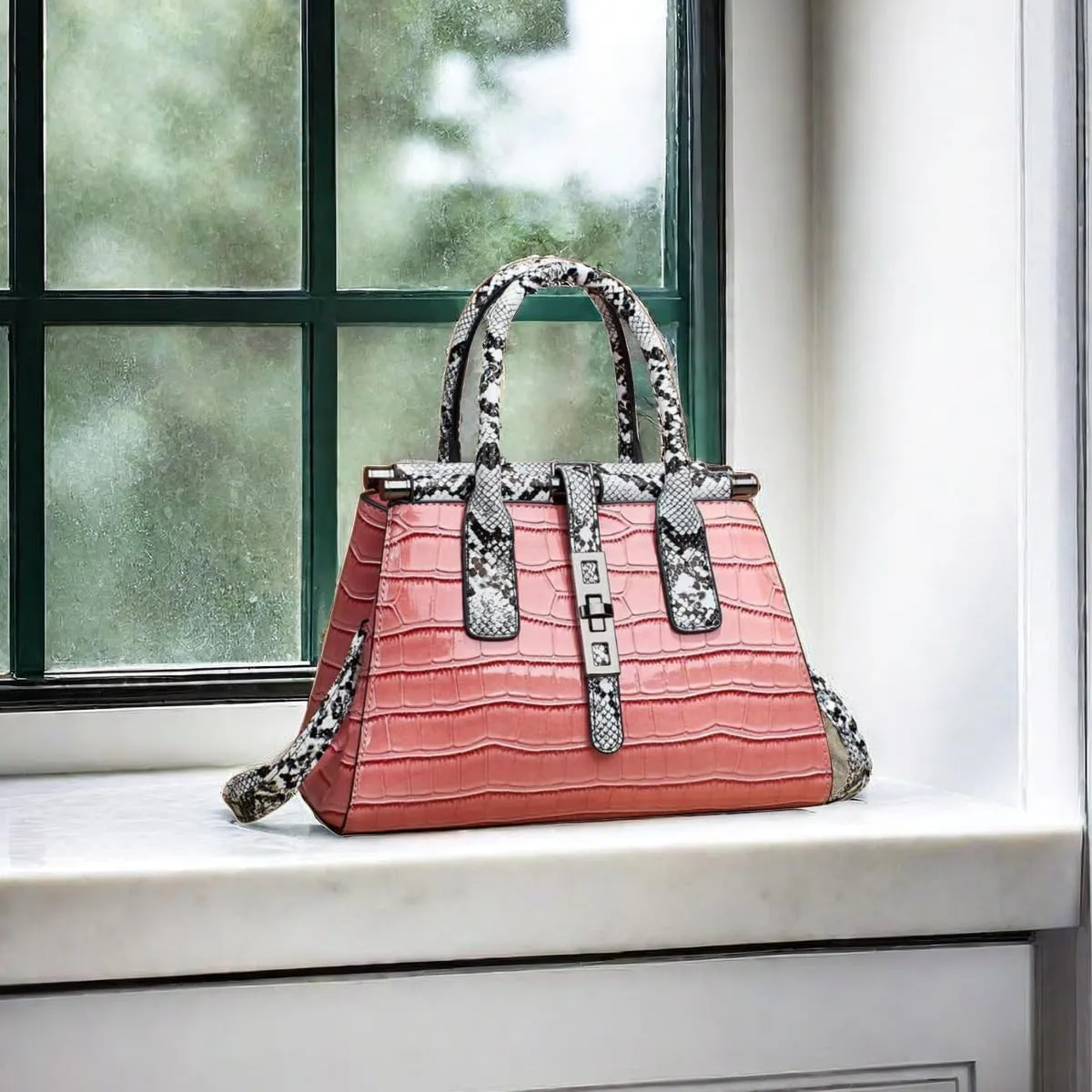 Women Patent Faux Leather Satchel Handbag Crocodile Tote Purse Snakeskin Handle Shoulder Bag,Gift for Wife/Mom