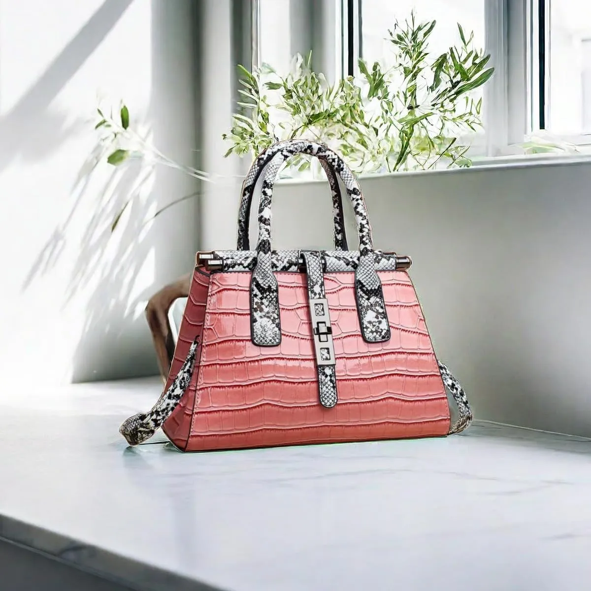 Women Patent Faux Leather Satchel Handbag Crocodile Tote Purse Snakeskin Handle Shoulder Bag,Gift for Wife/Mom