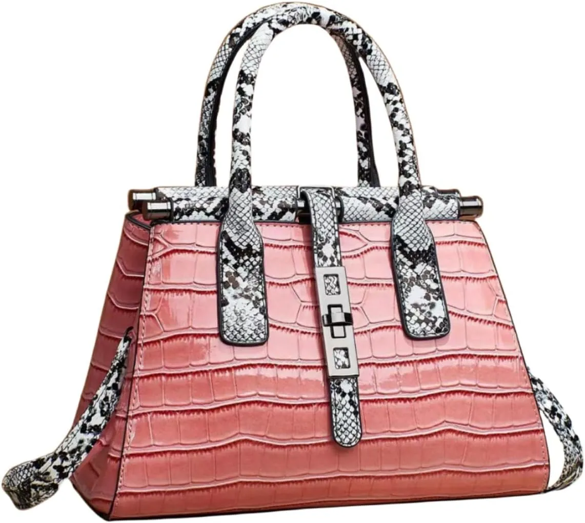 Women Patent Faux Leather Satchel Handbag Crocodile Tote Purse Snakeskin Handle Shoulder Bag,Gift for Wife/Mom