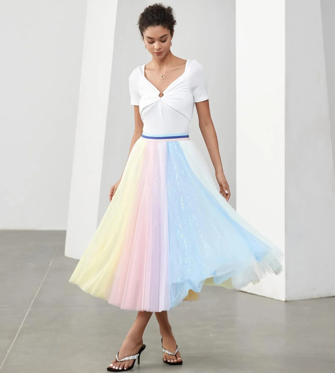 Women Pleated Long Tulle Skirt High Elastic Waist Swing Casual Midi Skirt