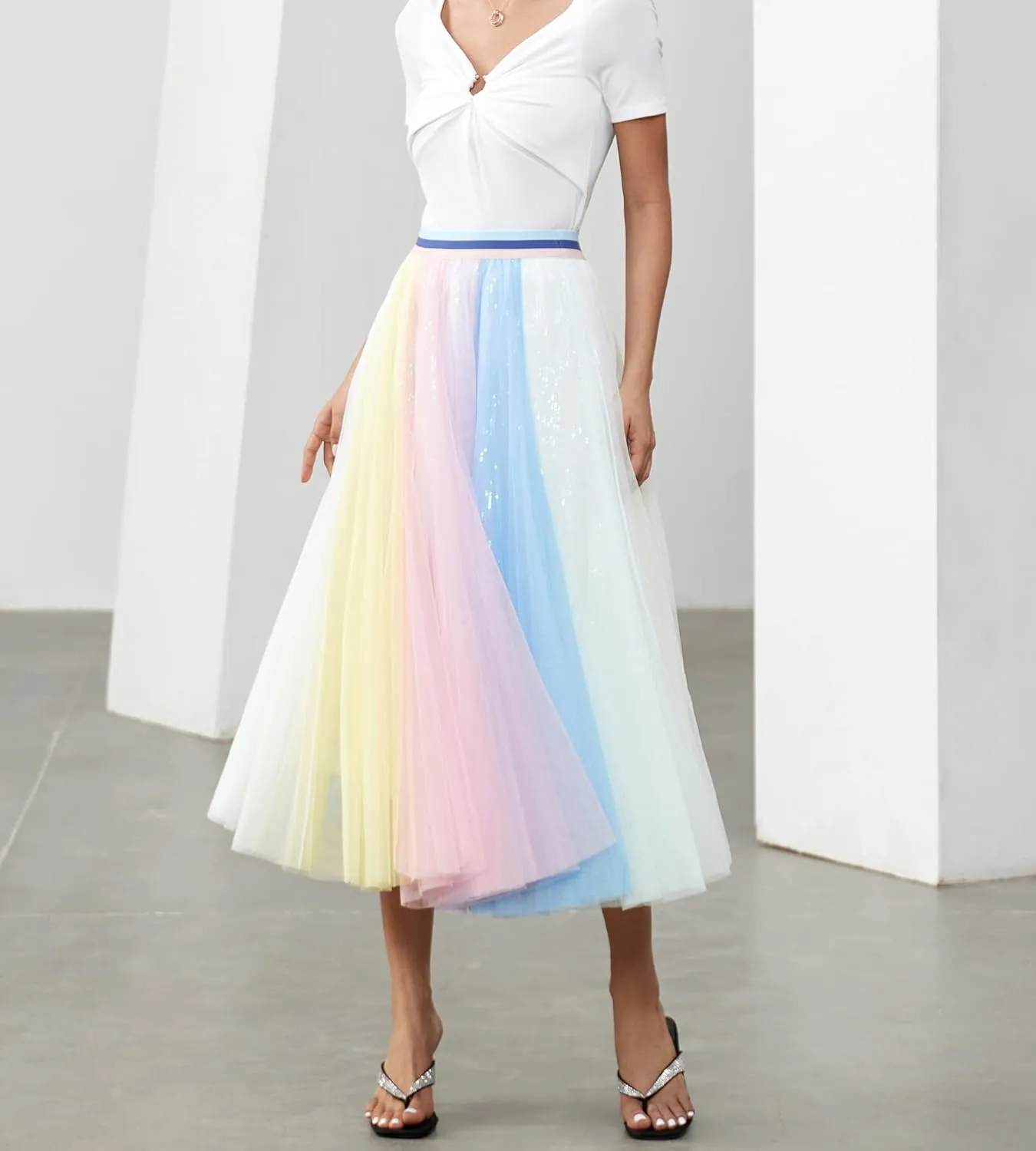 Women Pleated Long Tulle Skirt High Elastic Waist Swing Casual Midi Skirt