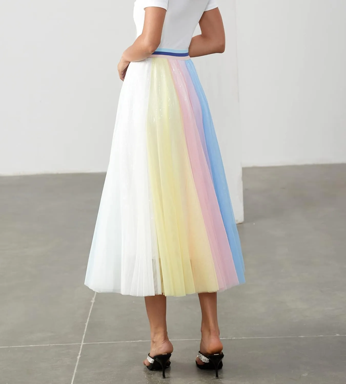 Women Pleated Long Tulle Skirt High Elastic Waist Swing Casual Midi Skirt
