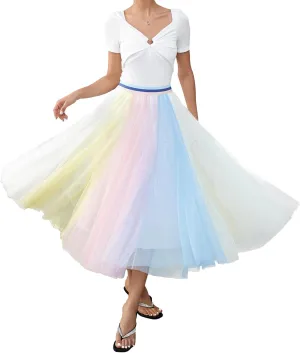 Women Pleated Long Tulle Skirt High Elastic Waist Swing Casual Midi Skirt