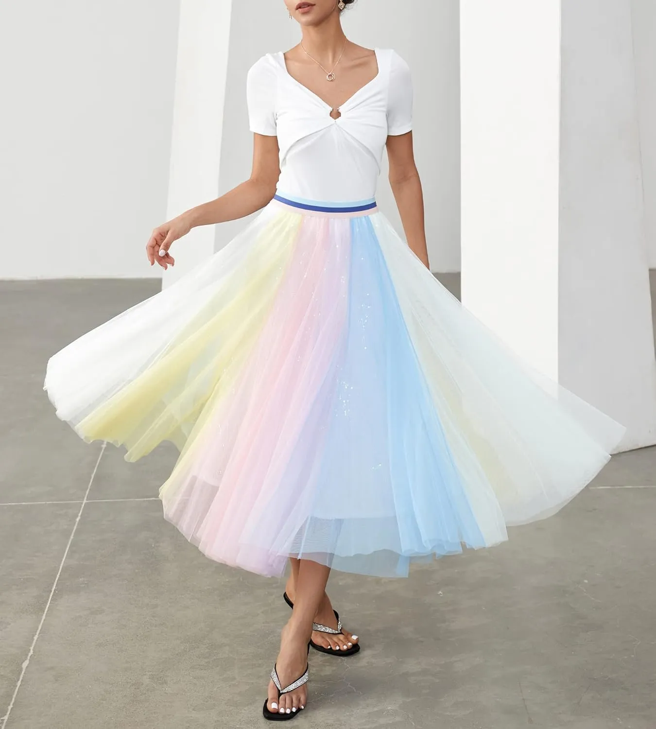 Women Pleated Long Tulle Skirt High Elastic Waist Swing Casual Midi Skirt