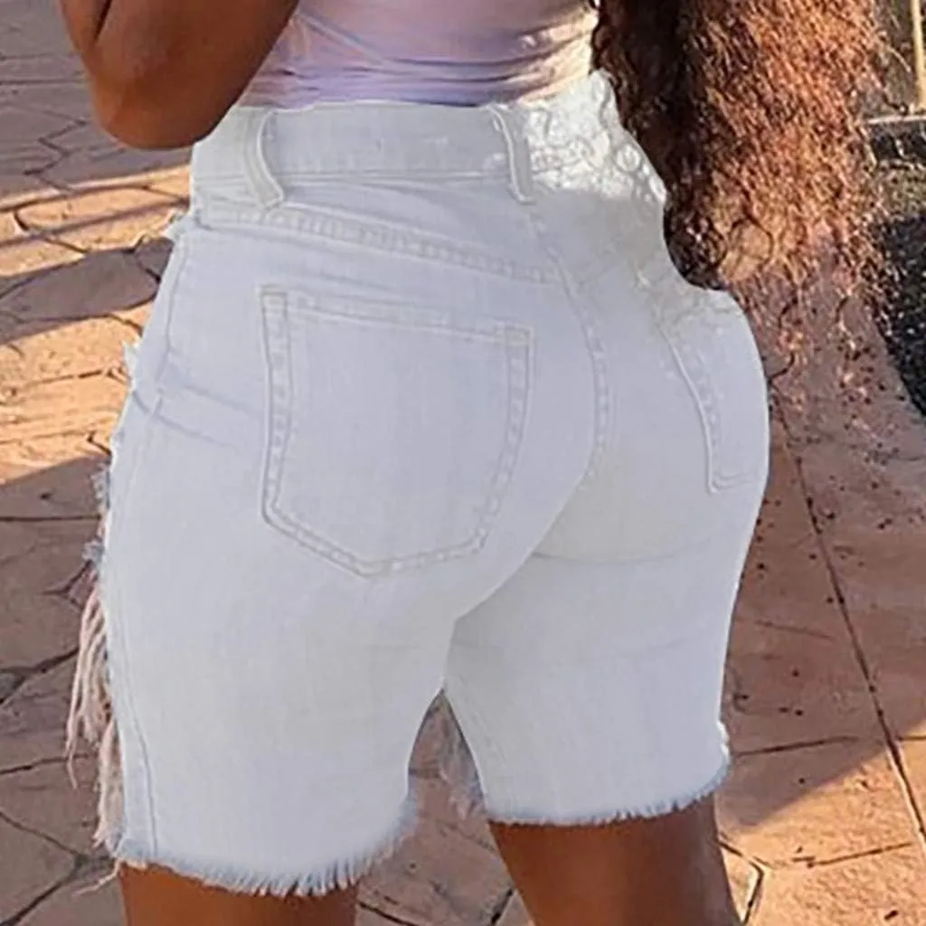 Women Ripped Holes Jeans Denim Pencil Shorts Pants Female High Waist Distressed Short Ladies Stretch Slim