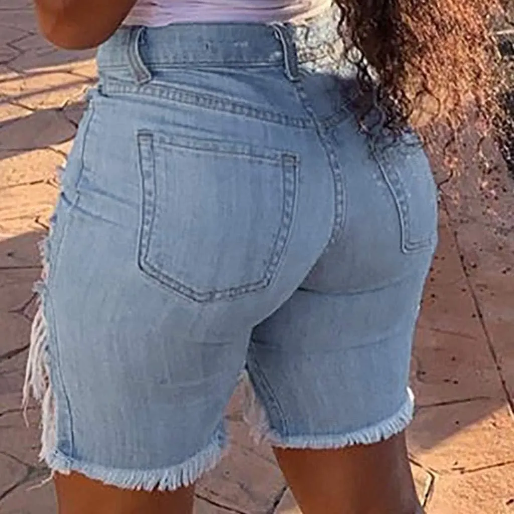 Women Ripped Holes Jeans Denim Pencil Shorts Pants Female High Waist Distressed Short Ladies Stretch Slim