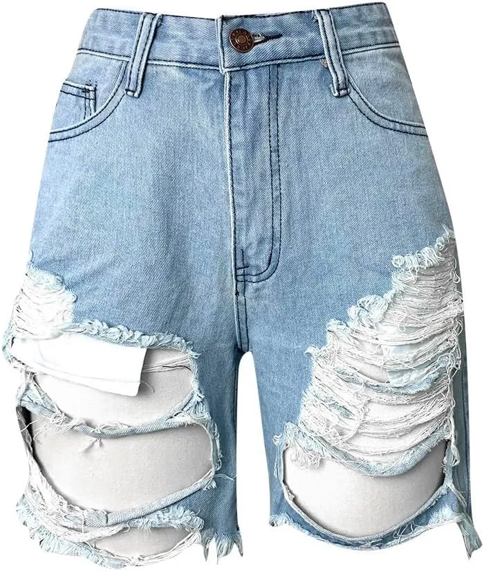 Women Ripped Holes Jeans Denim Pencil Shorts Pants Female High Waist Distressed Short Ladies Stretch Slim
