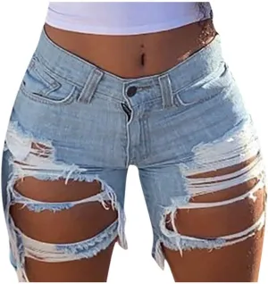 Women Ripped Holes Jeans Denim Pencil Shorts Pants Female High Waist Distressed Short Ladies Stretch Slim