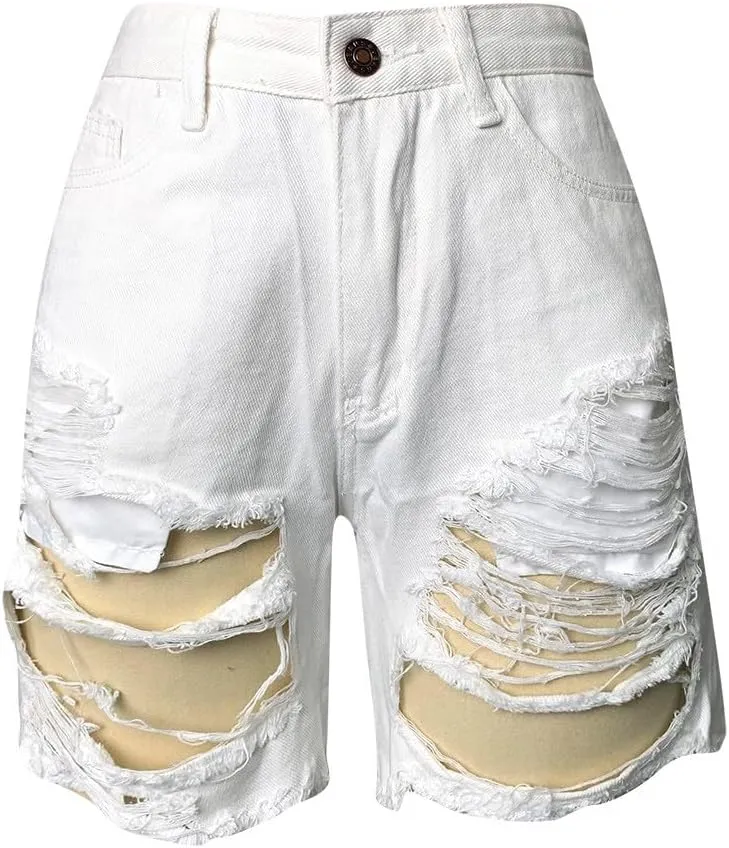 Women Ripped Holes Jeans Denim Pencil Shorts Pants Female High Waist Distressed Short Ladies Stretch Slim