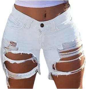 Women Ripped Holes Jeans Denim Pencil Shorts Pants Female High Waist Distressed Short Ladies Stretch Slim